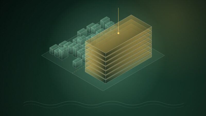 Abstract illustration of a dark green isometric land parcel split by a dashed line, small pale-green blocks on one side crowded by a tall stack of gold slabs fed by a single power line, with a wave line below.