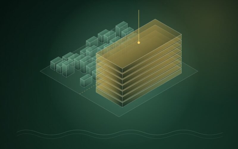Abstract illustration of a dark green isometric land parcel split by a dashed line, small pale-green blocks on one side crowded by a tall stack of gold slabs fed by a single power line, with a wave line below.