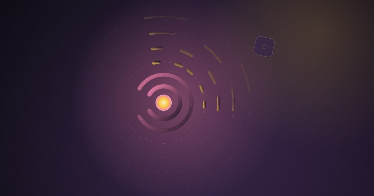 Abstract illustration of a pink and yellow signal ring radiating from a central node, with its outer arcs broken and fading before they reach a distant receiver