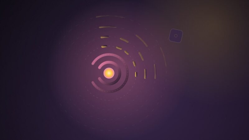 Abstract illustration of a pink and yellow signal ring radiating from a central node, with its outer arcs broken and fading before they reach a distant receiver