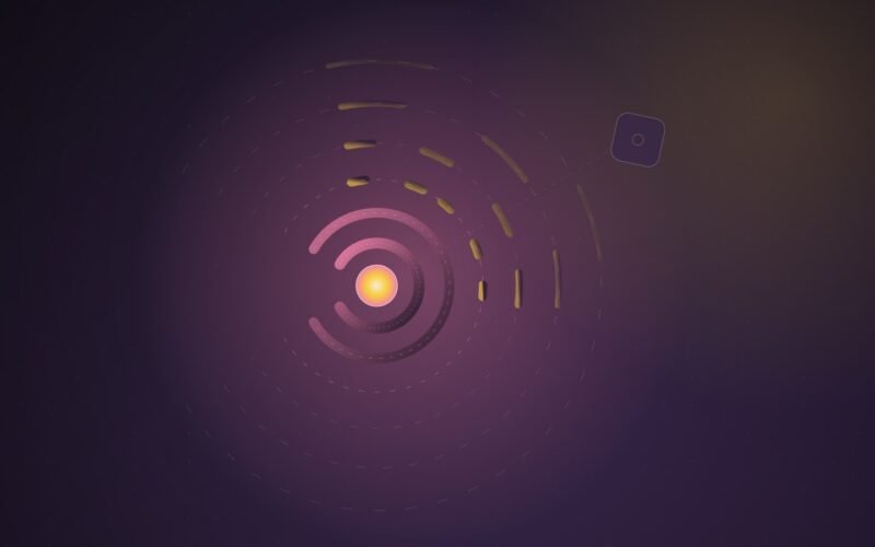 Abstract illustration of a pink and yellow signal ring radiating from a central node, with its outer arcs broken and fading before they reach a distant receiver