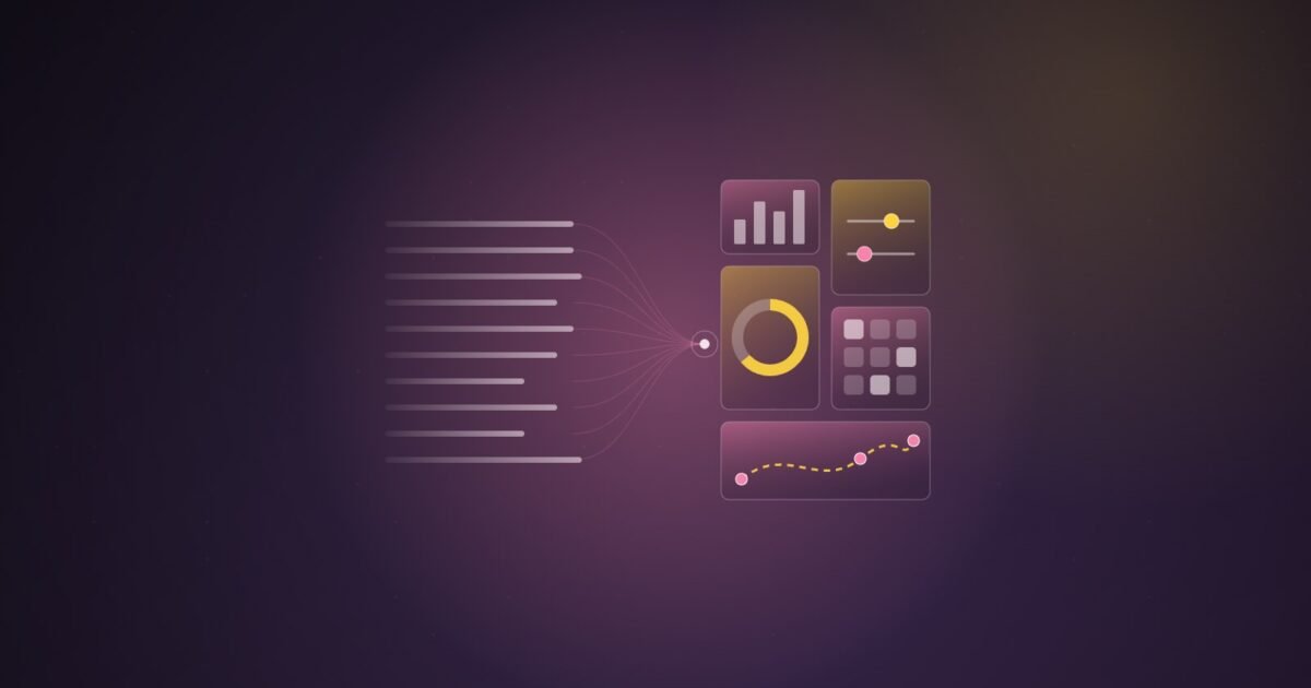 Abstract illustration of lines of text converging on a single point and unfolding into floating interface tiles: a bar chart, sliders, a ring gauge, a button grid and a dotted map route, on a dark plum gradient.