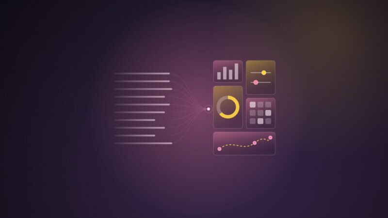 Abstract illustration of lines of text converging on a single point and unfolding into floating interface tiles: a bar chart, sliders, a ring gauge, a button grid and a dotted map route, on a dark plum gradient.