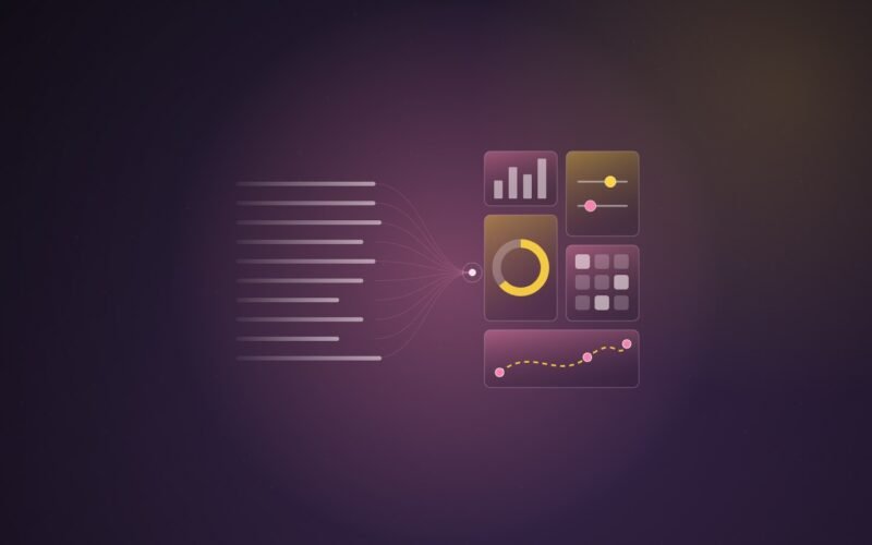 Abstract illustration of lines of text converging on a single point and unfolding into floating interface tiles: a bar chart, sliders, a ring gauge, a button grid and a dotted map route, on a dark plum gradient.