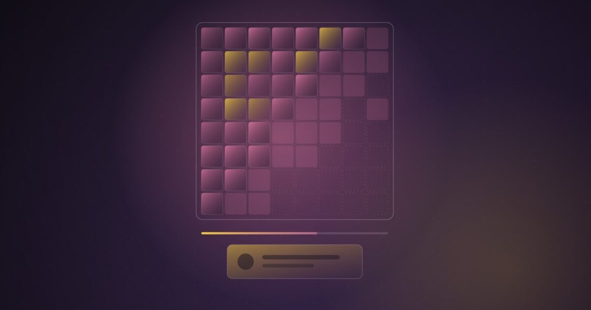 Abstract illustration of a pink and yellow tile grid filling in like an image being rendered, with a progress bar and a separate glowing panel beneath it