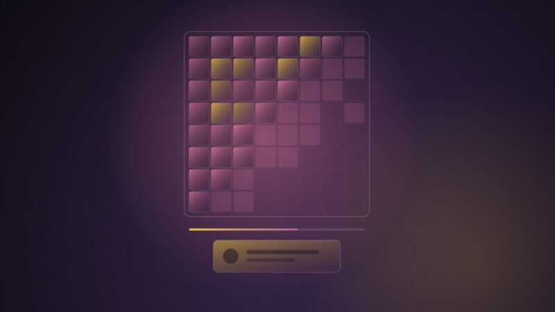 Abstract illustration of a pink and yellow tile grid filling in like an image being rendered, with a progress bar and a separate glowing panel beneath it