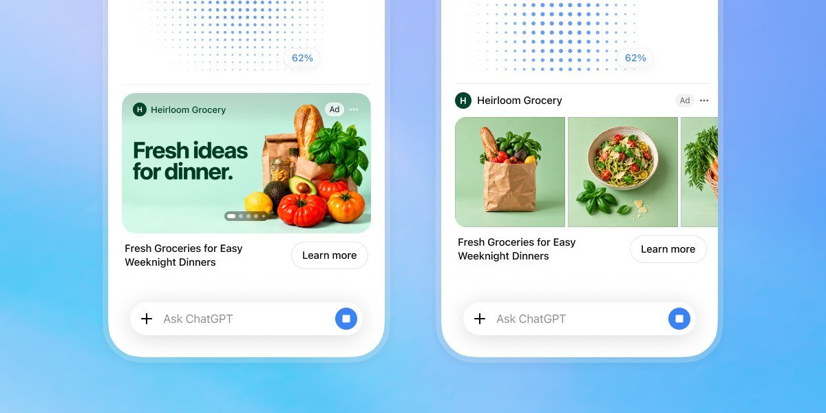 Two ChatGPT mobile screens showing sample visual ads with product images and Learn more buttons during image generation