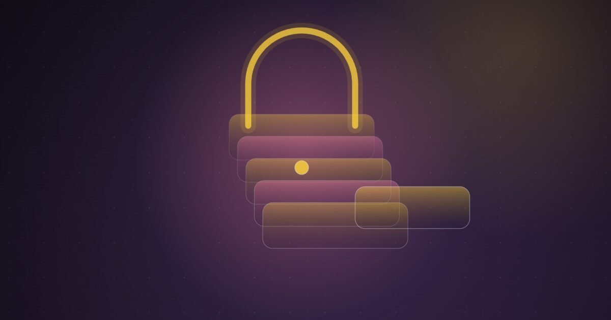 Abstract illustration of a padlock shackle arching over a stack of translucent chat panels, with one panel slid out from under the lock