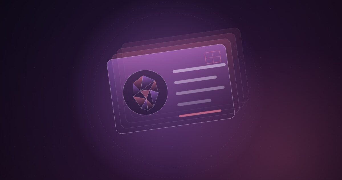 Abstract illustration of a tilted violet identity card holding a faceted geometric face and blank record bars, with fainter cards stacked behind it and dotted scan rings around, over a dark plum grid