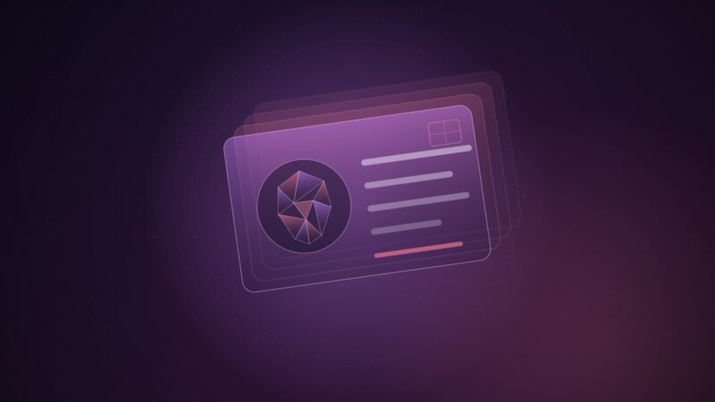 Abstract illustration of a tilted violet identity card holding a faceted geometric face and blank record bars, with fainter cards stacked behind it and dotted scan rings around, over a dark plum grid