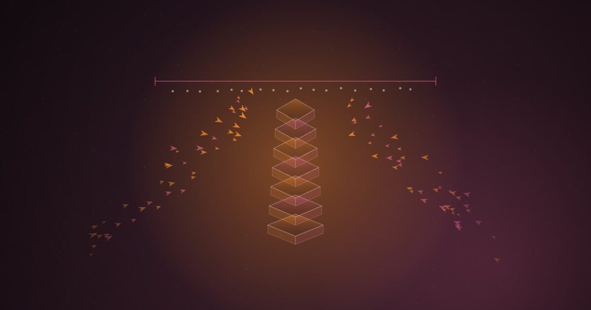 Abstract illustration of orange and pink arrow shapes swarming toward a tower of stacked isometric slabs, held beneath a horizontal pink limit line with small dots pressed against it, over a dark plum grid