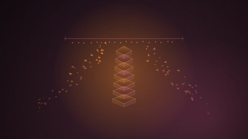 Abstract illustration of orange and pink arrow shapes swarming toward a tower of stacked isometric slabs, held beneath a horizontal pink limit line with small dots pressed against it, over a dark plum grid