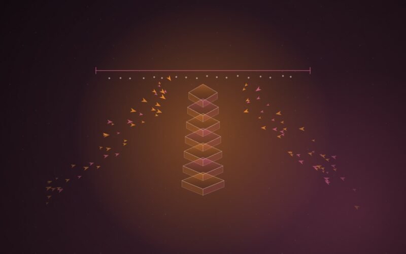 Abstract illustration of orange and pink arrow shapes swarming toward a tower of stacked isometric slabs, held beneath a horizontal pink limit line with small dots pressed against it, over a dark plum grid