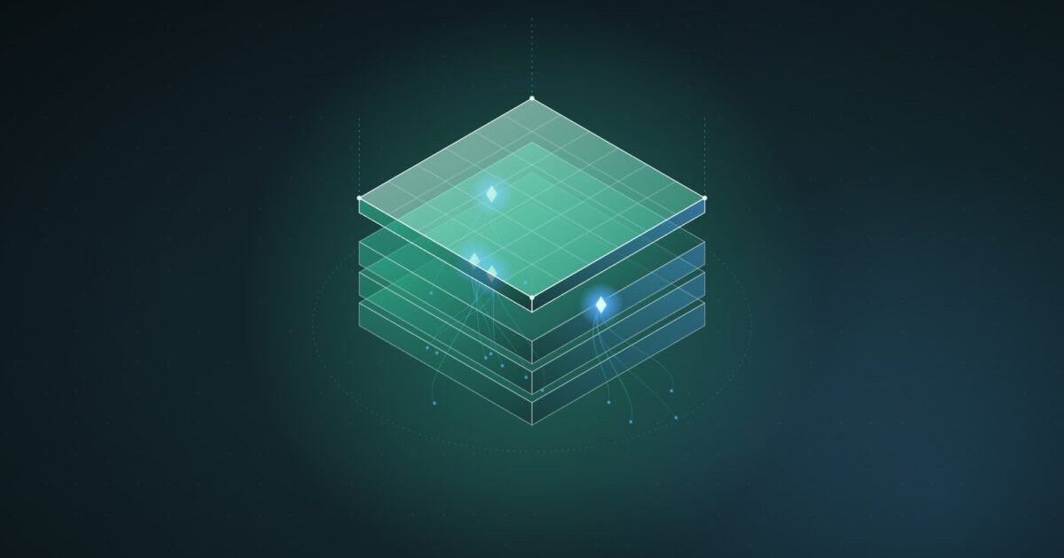 Abstract illustration: a bright new top layer over older layers that still hold glowing implants
