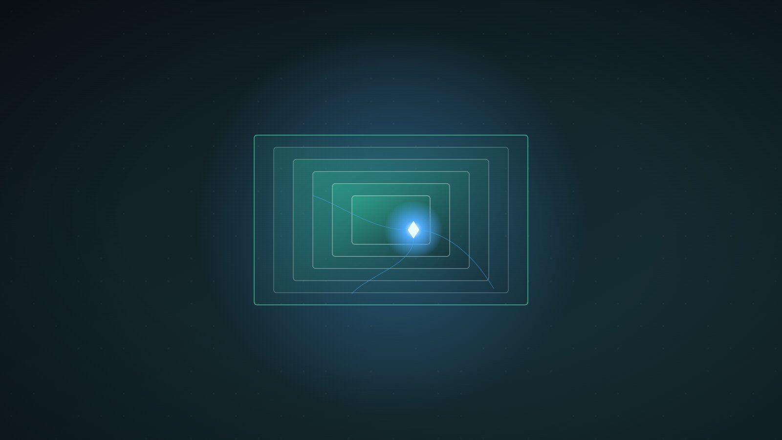 Concentric rectangular frames, the outermost freshly outlined in green, with a glowing blue diamond implant still lodged near the center and sending thin tendrils outward through the inner frames.