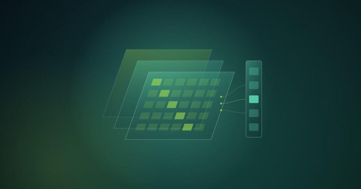 Abstract illustration of three stacked translucent green panels, the front one a grid of cells, linked by thin threads to a narrow sidebar column on the right