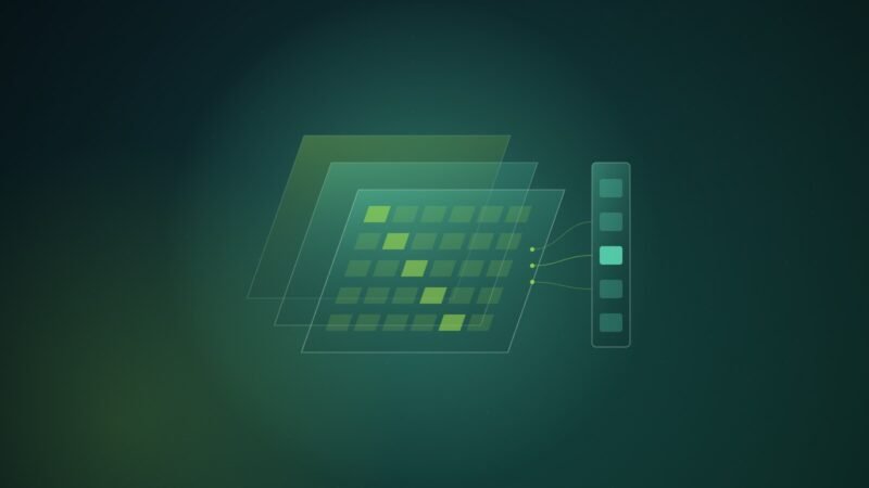 Abstract illustration of three stacked translucent green panels, the front one a grid of cells, linked by thin threads to a narrow sidebar column on the right
