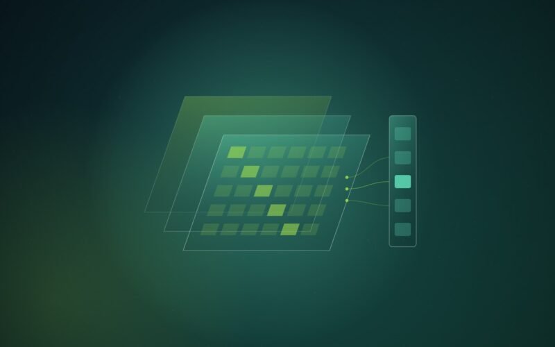 Abstract illustration of three stacked translucent green panels, the front one a grid of cells, linked by thin threads to a narrow sidebar column on the right