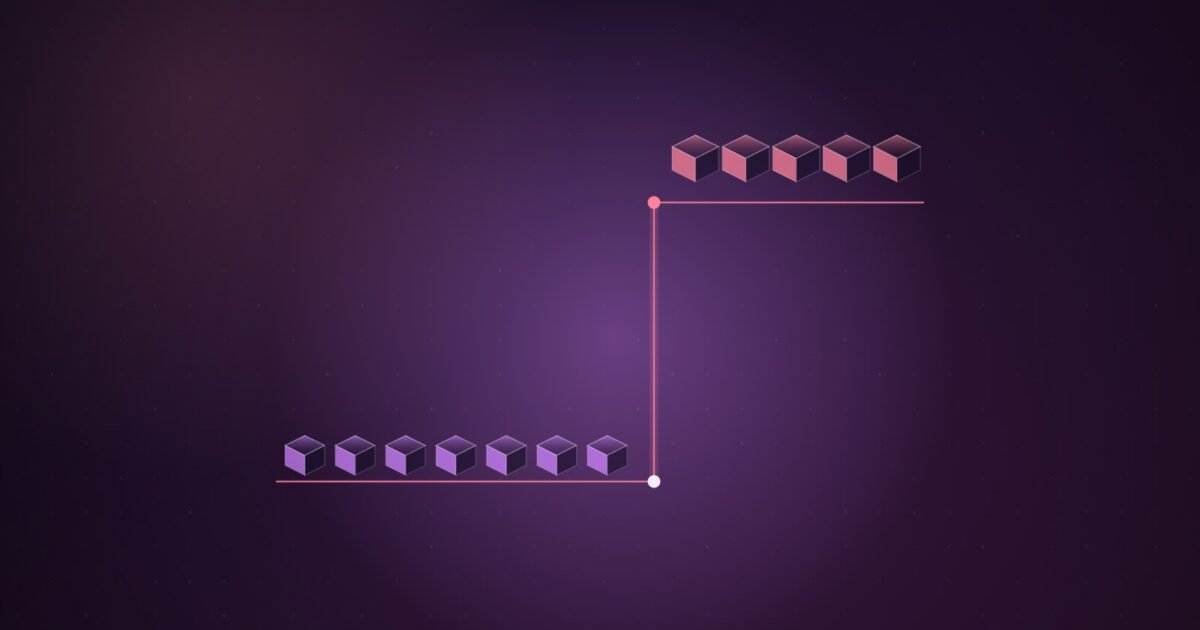 Abstract illustration of a row of small violet token cubes running along a glowing line that steps sharply upward at one point, with a pink glow behind the step, on a deep purple gradient