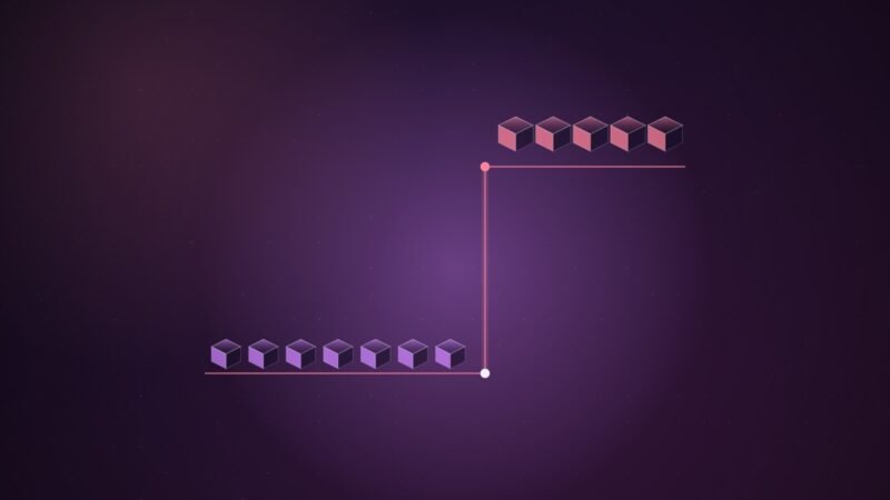 Abstract illustration of a row of small violet token cubes running along a glowing line that steps sharply upward at one point, with a pink glow behind the step, on a deep purple gradient