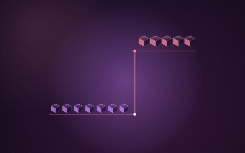 Abstract illustration of a row of small violet token cubes running along a glowing line that steps sharply upward at one point, with a pink glow behind the step, on a deep purple gradient