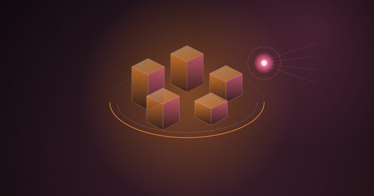 Abstract illustration of five translucent orange-and-pink isometric blocks encircled by a single orange ring, with a glowing pink node approaching from the right
