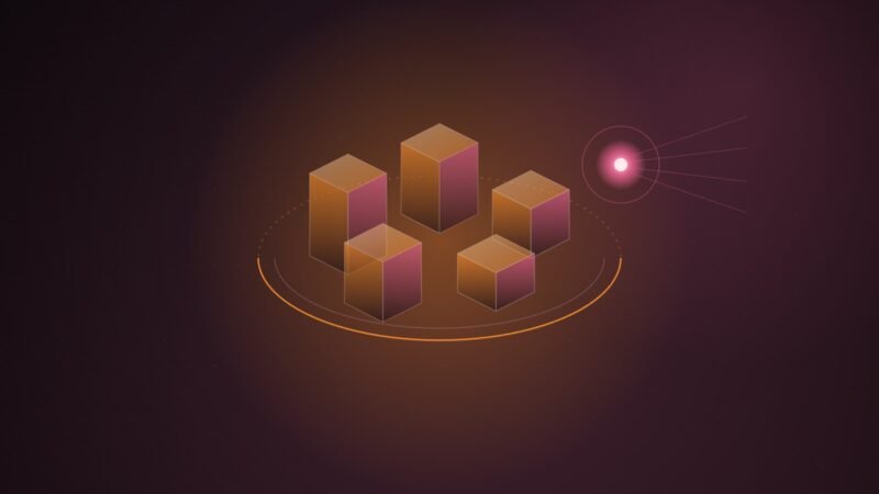 Abstract illustration of five translucent orange-and-pink isometric blocks encircled by a single orange ring, with a glowing pink node approaching from the right