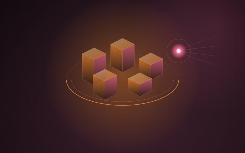 Abstract illustration of five translucent orange-and-pink isometric blocks encircled by a single orange ring, with a glowing pink node approaching from the right