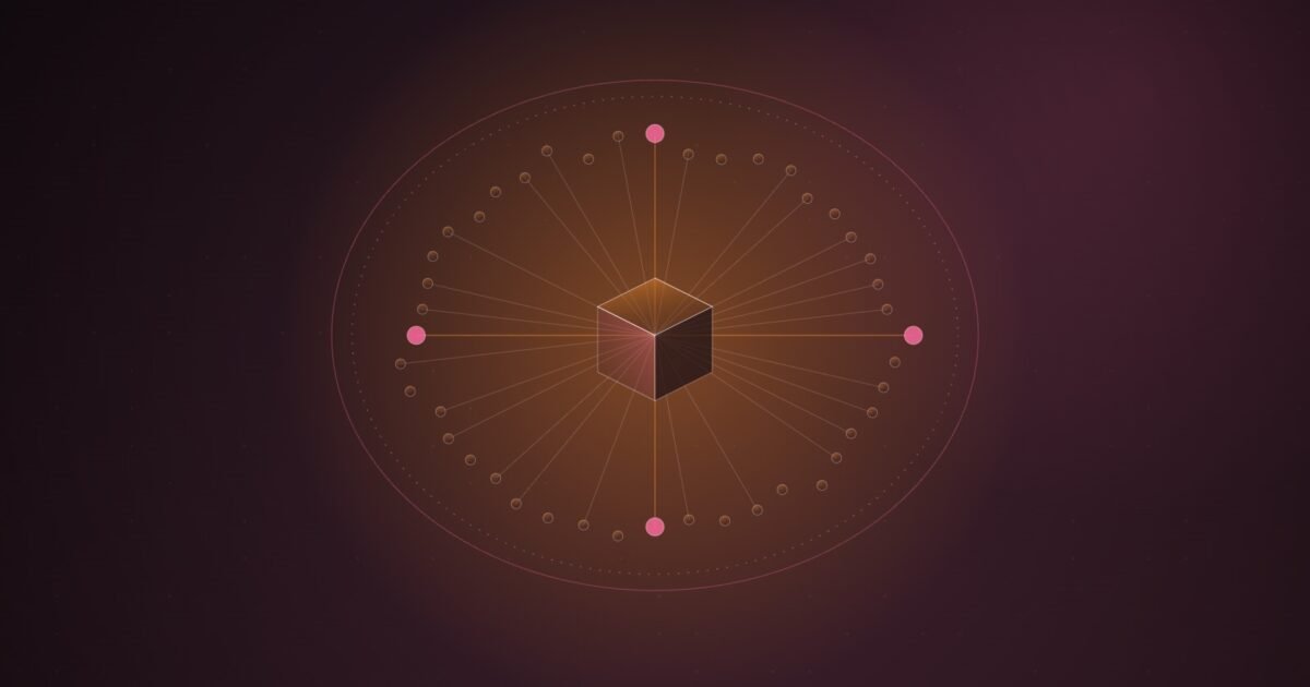 Abstract illustration of a ring of small orange nodes inside a closed oval boundary, with lines converging on an isometric cube at the centre, on a dark burgundy background.