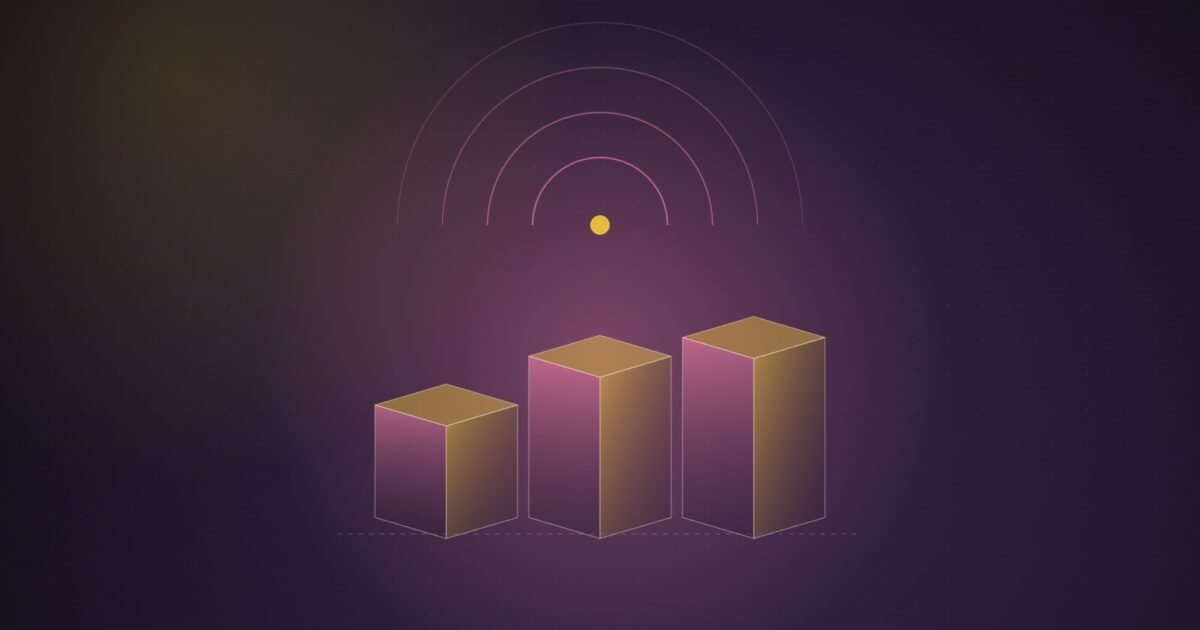Abstract illustration of three glowing isometric columns of rising height beneath broadcast-style arcs on a deep purple background