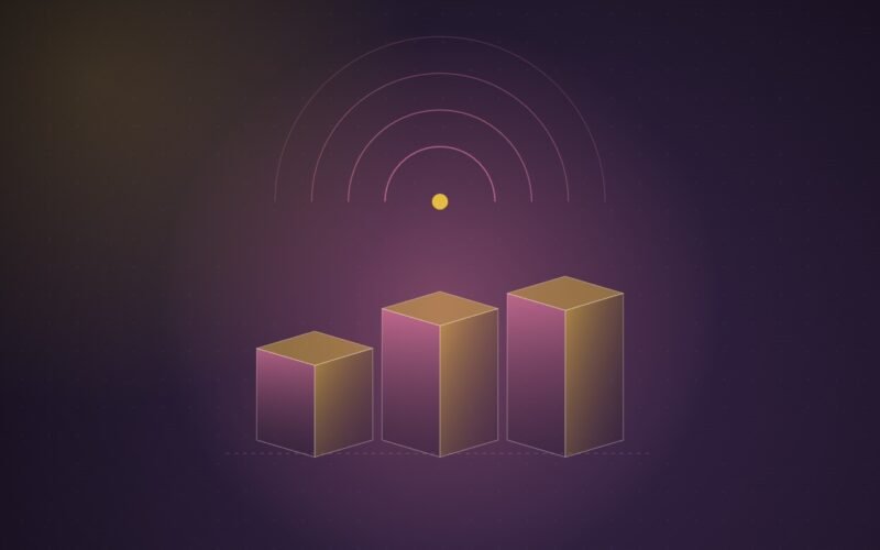 Abstract illustration of three glowing isometric columns of rising height beneath broadcast-style arcs on a deep purple background
