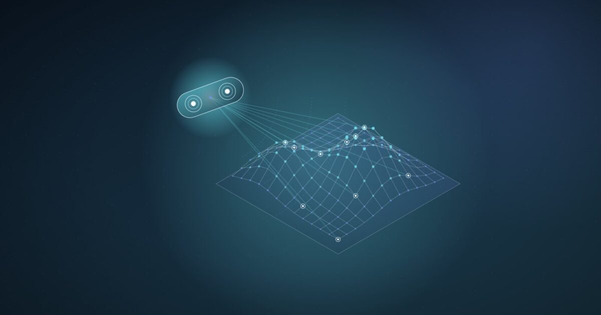 Abstract illustration: a two-lens sensor casting rays onto a 3D point-cloud terrain