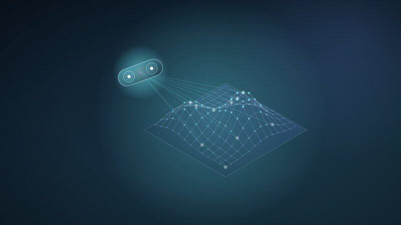 Abstract illustration: a two-lens sensor casting rays onto a 3D point-cloud terrain