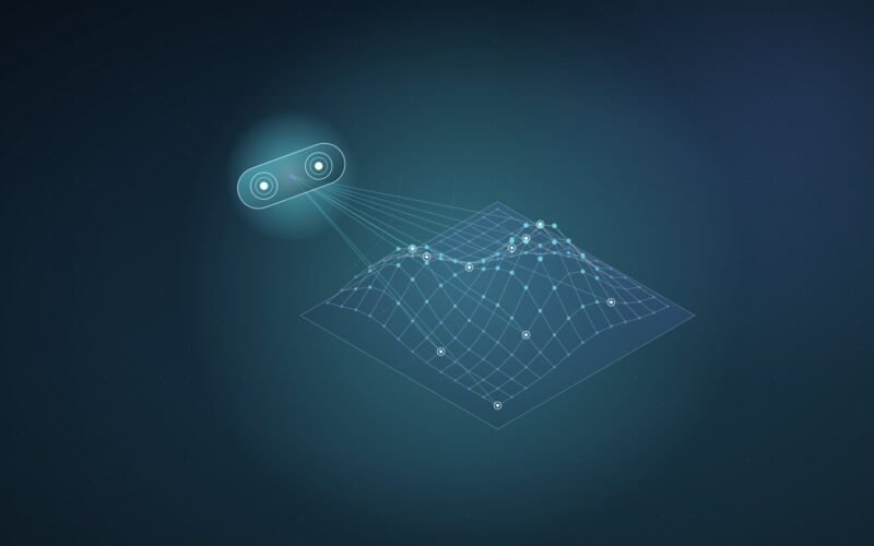 Abstract illustration: a two-lens sensor casting rays onto a 3D point-cloud terrain