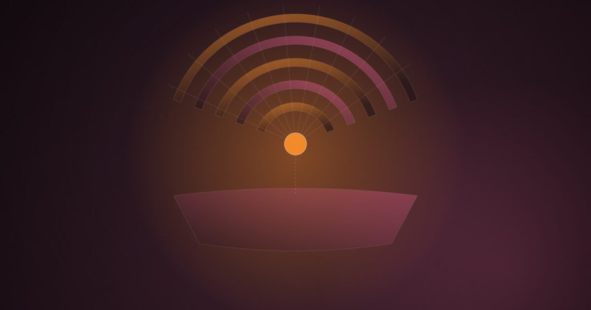Abstract illustration of orange and pink concentric arcs converging on a single bright node, with a faint hull-like curve beneath them, on a dark plum gradient