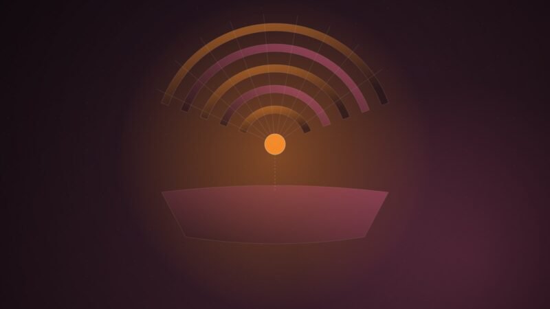 Abstract illustration of orange and pink concentric arcs converging on a single bright node, with a faint hull-like curve beneath them, on a dark plum gradient