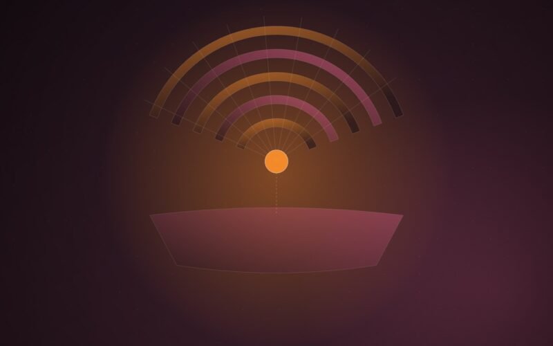 Abstract illustration of orange and pink concentric arcs converging on a single bright node, with a faint hull-like curve beneath them, on a dark plum gradient