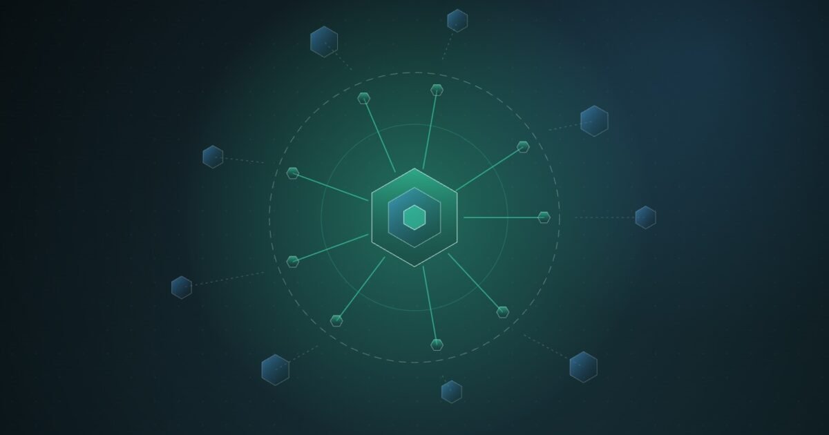 Abstract illustration of a glowing teal hexagonal core with spokes reaching out to smaller hexagons, the outer ones cut off beyond a dashed ring