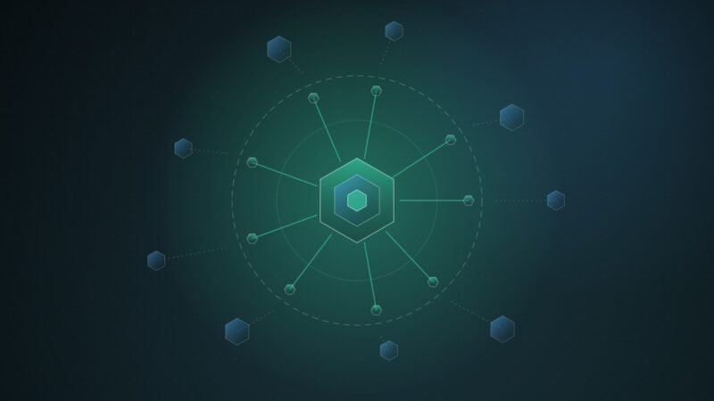 Abstract illustration of a glowing teal hexagonal core with spokes reaching out to smaller hexagons, the outer ones cut off beyond a dashed ring