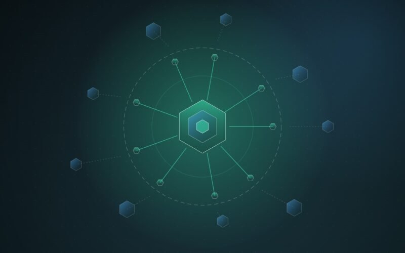 Abstract illustration of a glowing teal hexagonal core with spokes reaching out to smaller hexagons, the outer ones cut off beyond a dashed ring