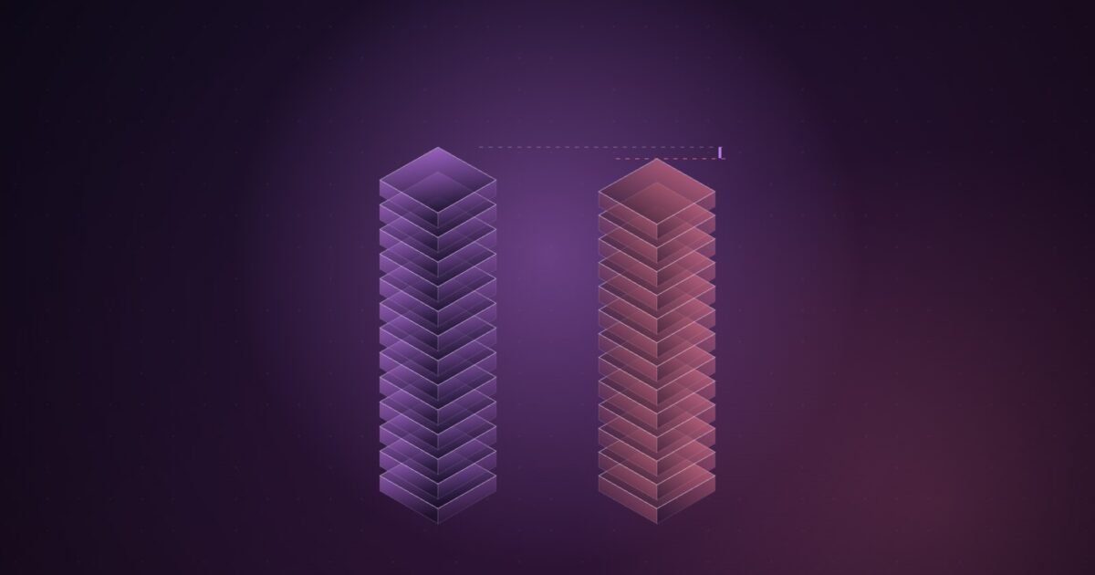 Abstract illustration of two tall translucent columns of stacked layers, one violet and one pink, nearly level with a thin glowing gap between their tops