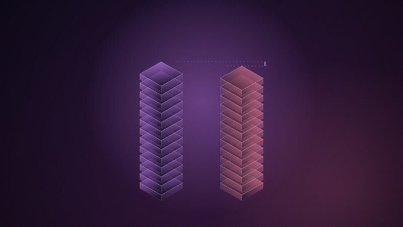 Abstract illustration of two tall translucent columns of stacked layers, one violet and one pink, nearly level with a thin glowing gap between their tops