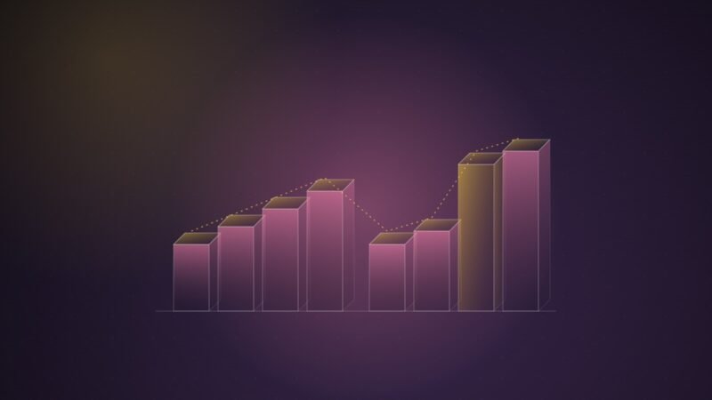Abstract illustration of two rising rows of translucent pink isometric columns, the second row climbing more steeply with one gold column, on a dark purple gradient