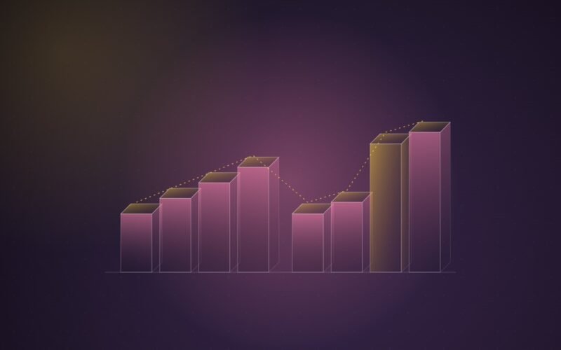 Abstract illustration of two rising rows of translucent pink isometric columns, the second row climbing more steeply with one gold column, on a dark purple gradient