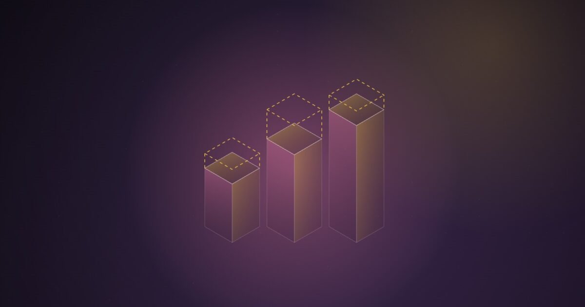 Abstract illustration of three rising isometric pink columns, each topped by a dashed gold outline showing extra height, on a dark violet background