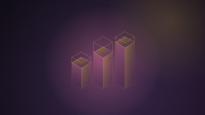 Abstract illustration of three rising isometric pink columns, each topped by a dashed gold outline showing extra height, on a dark violet background