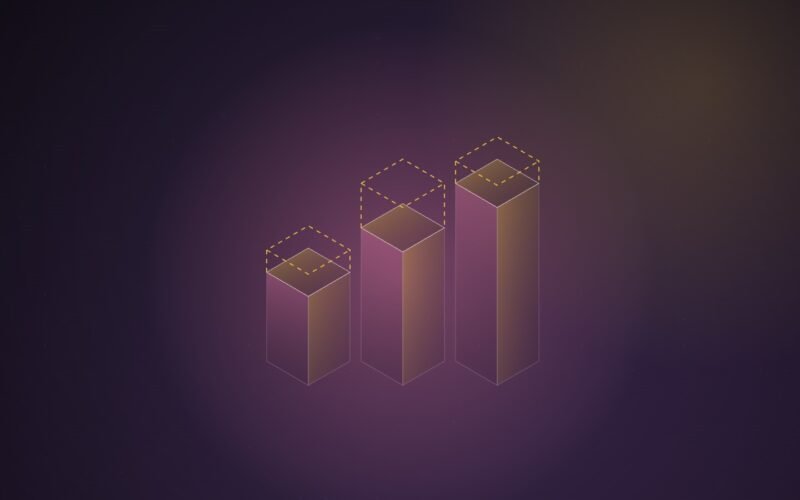 Abstract illustration of three rising isometric pink columns, each topped by a dashed gold outline showing extra height, on a dark violet background