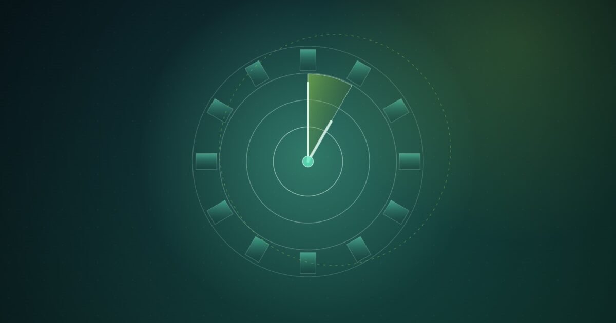 Abstract illustration of a teal clock dial with its hands held inside a highlighted one-hour wedge, ringed by a dashed, offset circle on a dark green gradient
