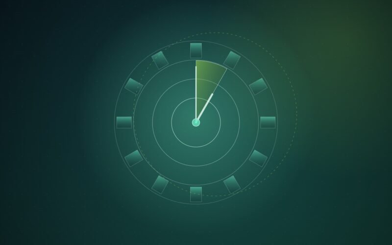 Abstract illustration of a teal clock dial with its hands held inside a highlighted one-hour wedge, ringed by a dashed, offset circle on a dark green gradient
