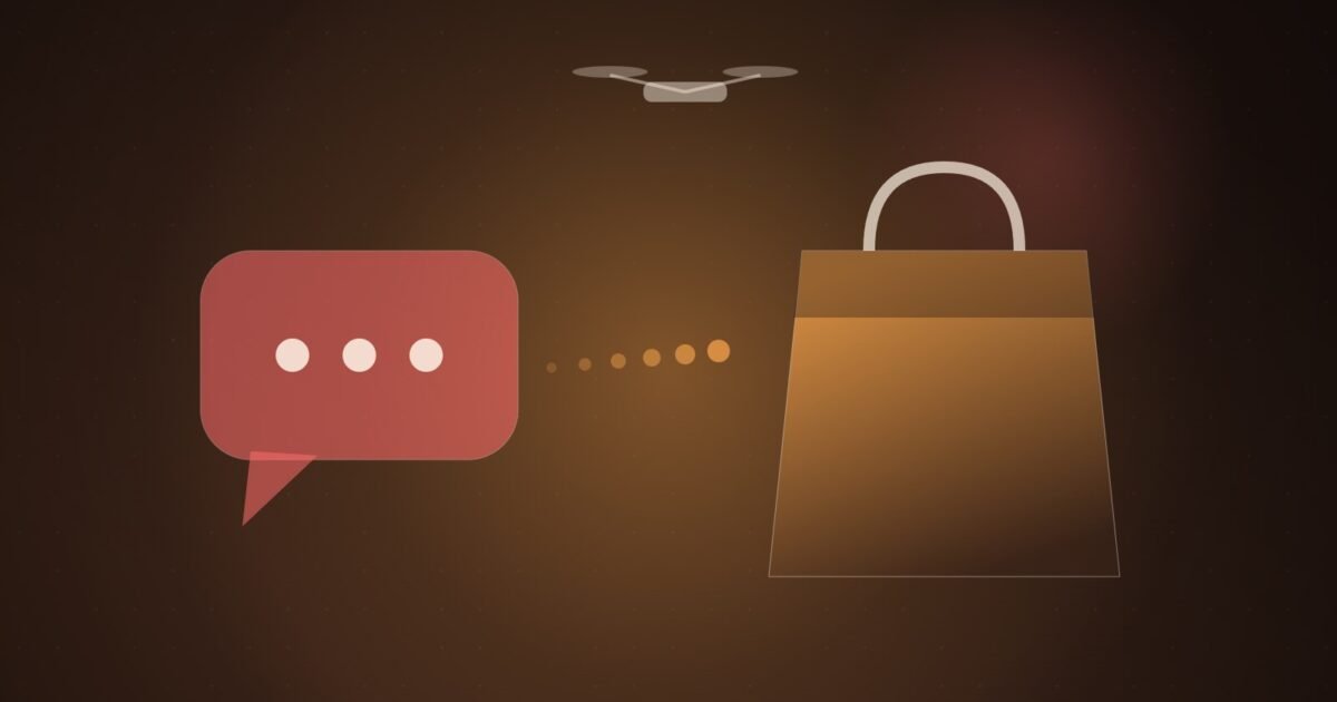 Illustration: a chat bubble turning into a takeout bag, with a delivery drone overhead.